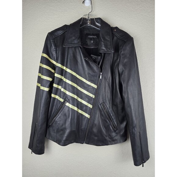 NEIMAN MARCUS L Black Yellow Stripe Butter Soft Leather Biker Moto Jacket Zip - Picture 2 of 9